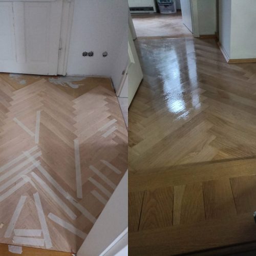 Echtholzparkett (Fischgräte) verklebt verlegen, 3 Schleifgänge schleifen, Schleifstaub ein Rakeln, schleifen, 2 mal Versigeln mit Parkettlack